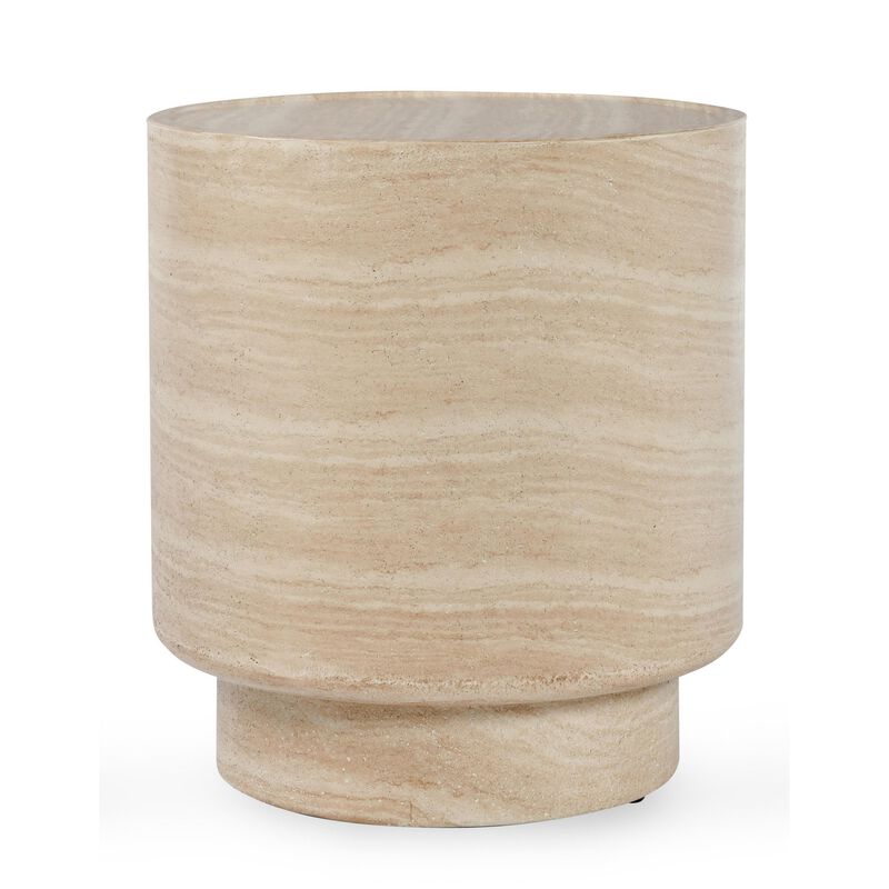 Kiva Outdoor End Table with Plinth Style Base, Beige Concrete 18 Inch - Benzara