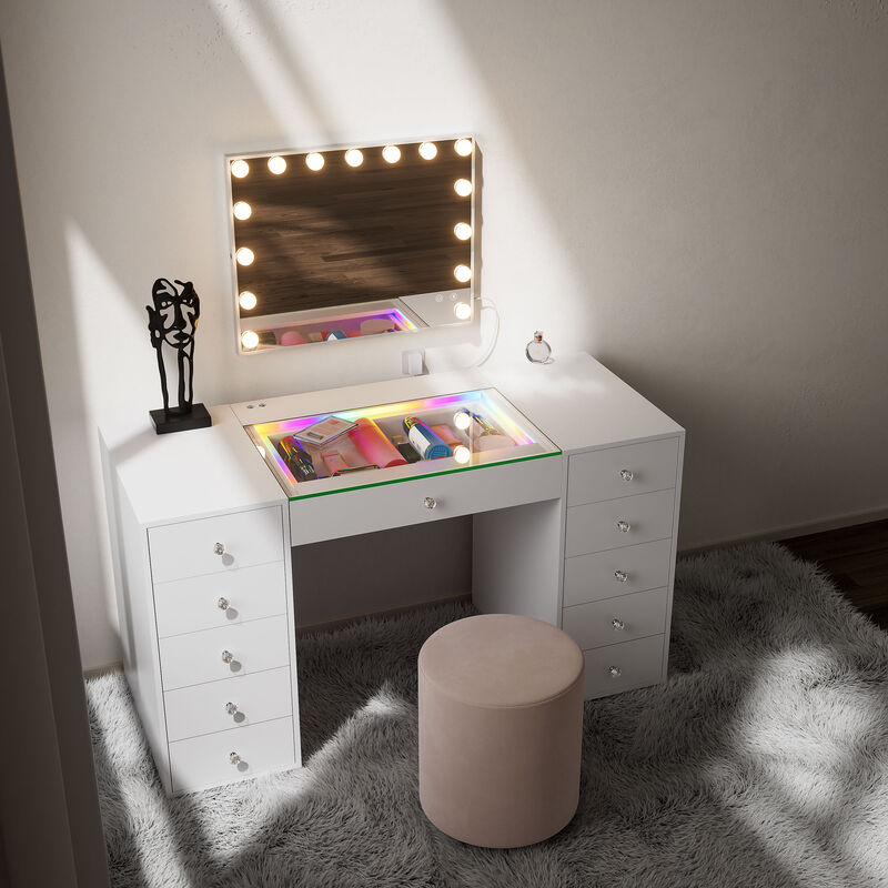 VANITII 11 Drawers Modern Makeup Vanity Desk  with RGB Lights for Bedroom White 3 packages (Need Assembled by yourself)