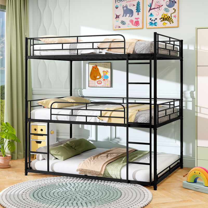 Black Metal Triple Bunk Bed with Guardrails and Dual Ladders for Kids image number 6