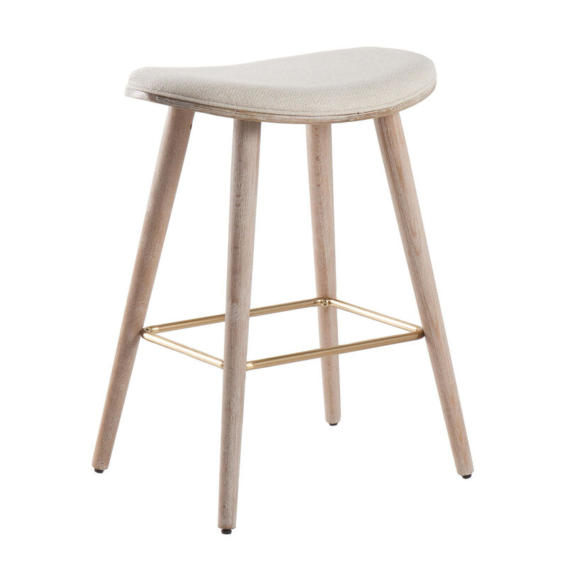 Lumisource Saddle Contemporary Counter Stool in White Washed Wood and Cream Fabric with Gold Metal - Set of 2