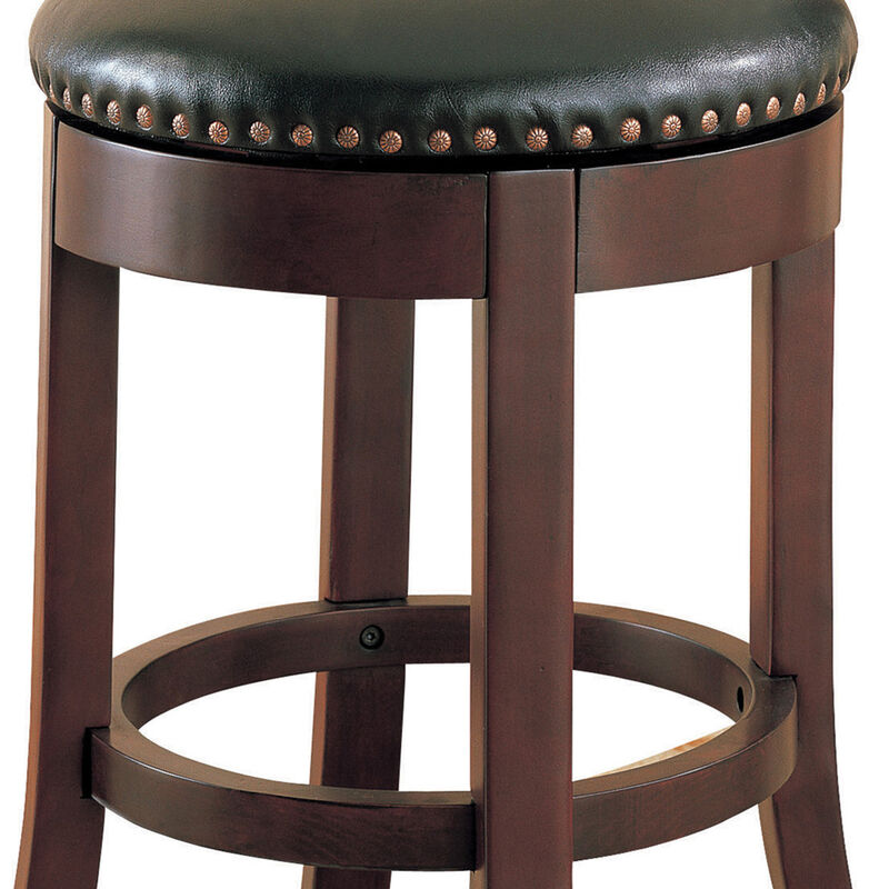 Round Wooden Counter Height Stool with Upholstered Seat, Brown, Set of 2-Benzara