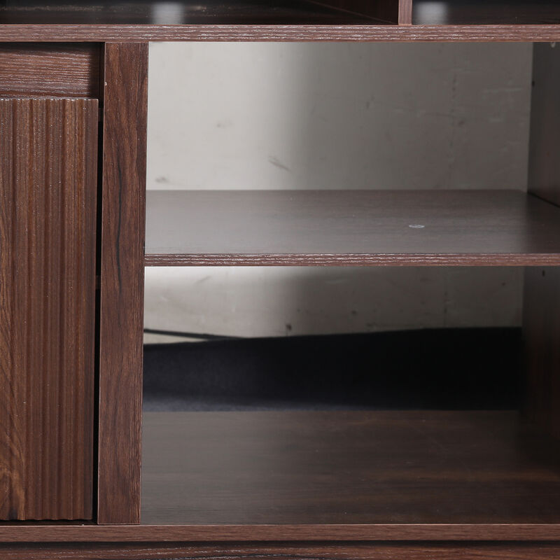 47" Dark Walnut Mid-Century Modern Wood Fluted Door Corner TV Stand Media Console with Open Shelf and Cabinet for TVs up to 50" image number 9