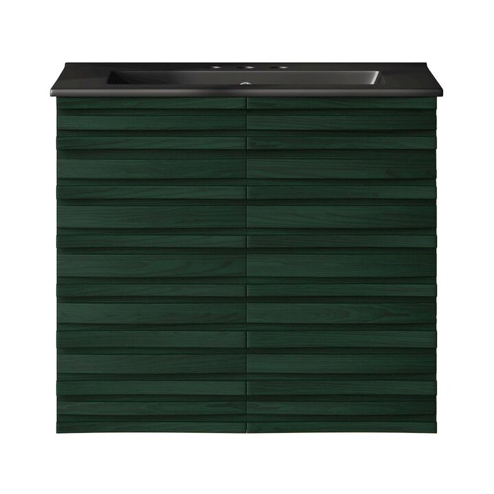 24" Wall-Mounted Bathroom Vanity in Green Oak, Black 3-Hole Centerset Sink Top