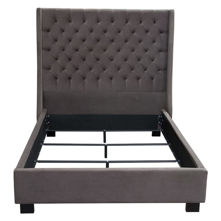 Zoa Queen Size Bed w Tufted Headboard, Smoke Gray Velvet Upholstery