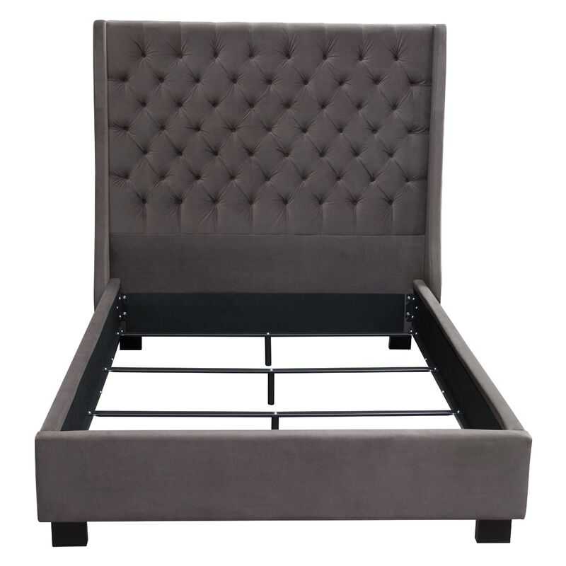Zoa Queen Size Bed w Tufted Headboard, Smoke Gray Velvet Upholstery image number 1