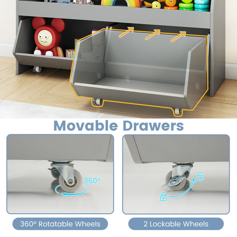 Children Toy Storage Bookcase with 2 Rolling Drawers and Open Shelves image number 6