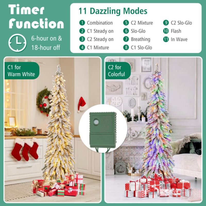 Pre-Lit Artificial Christmas Tree Snow-Flocked Slim Pencil Xmas Decor