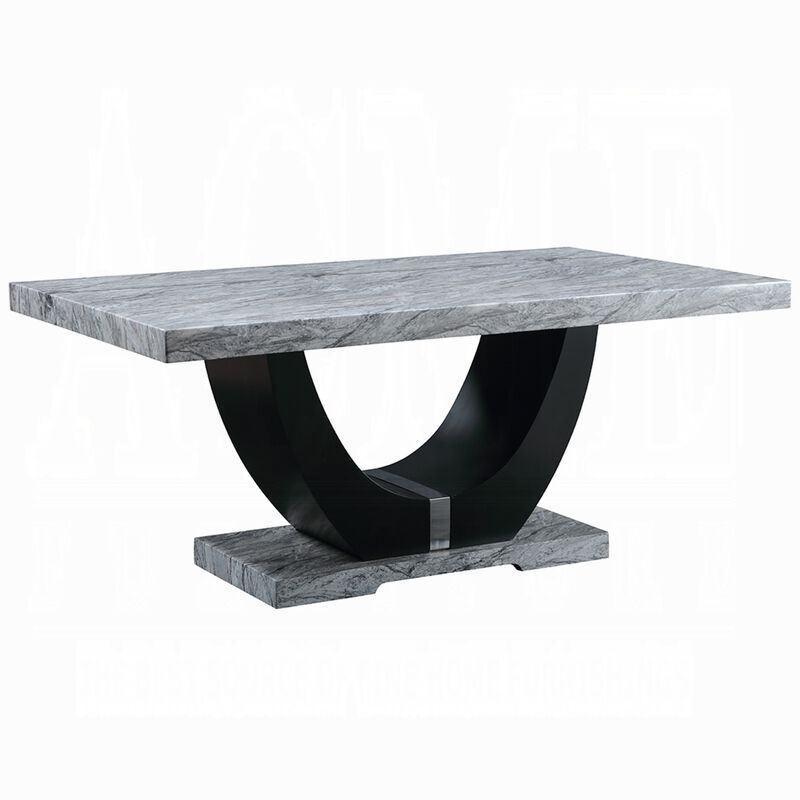 Aline Dining Table with Faux Stone Top, U-Shaped Base, Black 70 Inch
