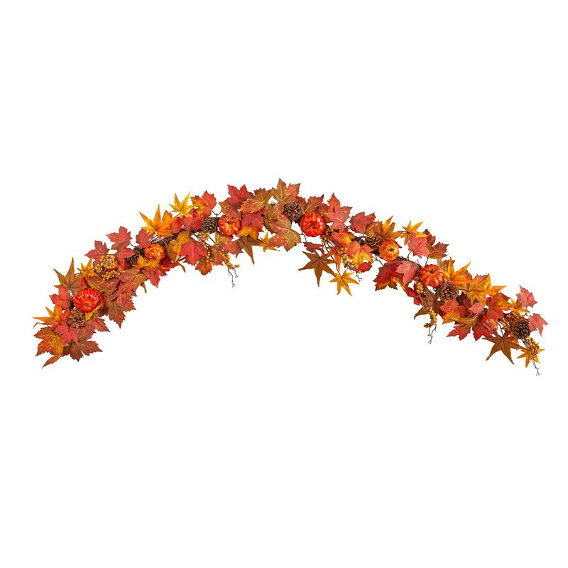 Nearly Natural 6-ft Autumn Maple Leaf, Pumpkin, Gourd and Berry Artificial Fall Garland image number 0