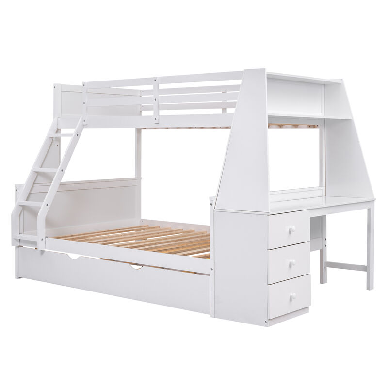 Whisen Twin over Full Bunk Bed with Trundle and Built-in Desk, Three Storage Drawers and Shelf