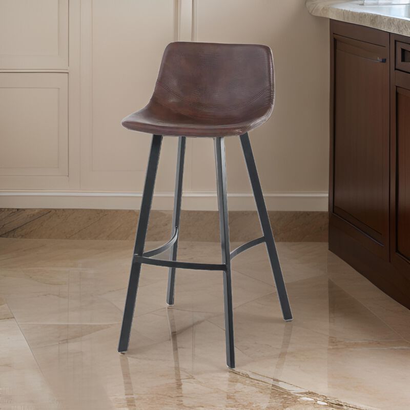 Barstool Chair Set of 2, Curved Seat, Black Steel, Brown Faux Leather - Benzara