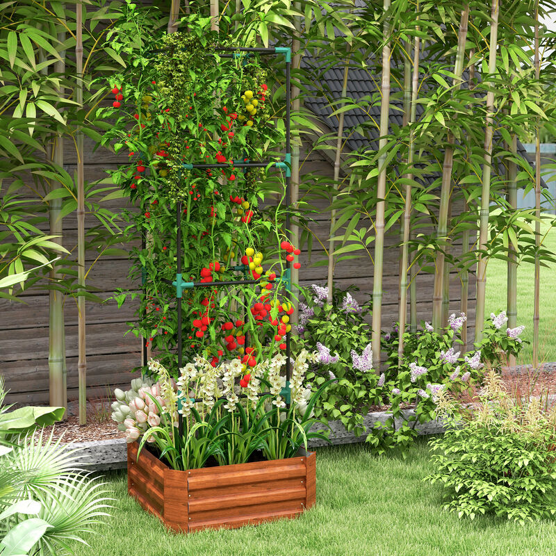 Outsunny Galvanized Raised Garden Bed, 24" x 24" x 11.75" Outdoor Planter Box with Trellis Tomato Cage and Open Bottom for Climbing Vines, Vegetables, Flowers in Backyard, Garden, Patio, Brown