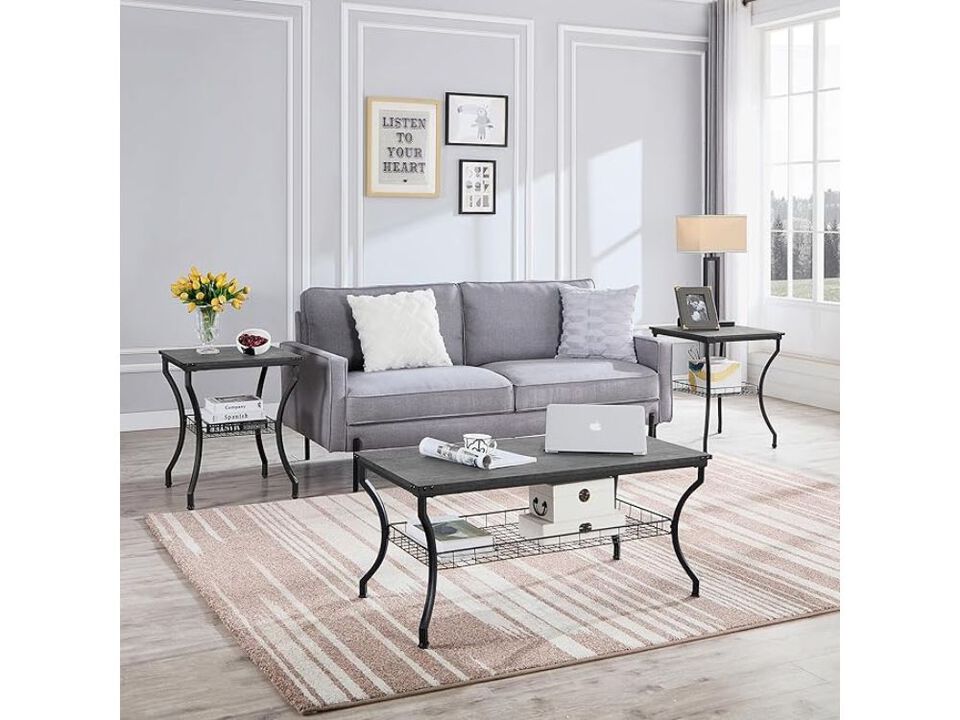 3 Piece Living Room Table Set Coffee End Tables with Storage Shelves Dark Grey