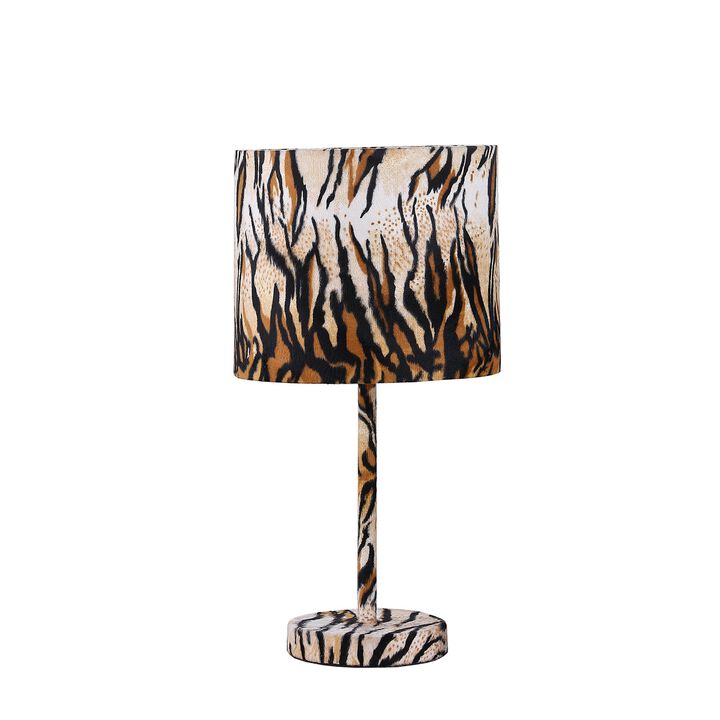 Fabric Wrapped Table Lamp with Striped Animal Print, Brown and Black-Benzara