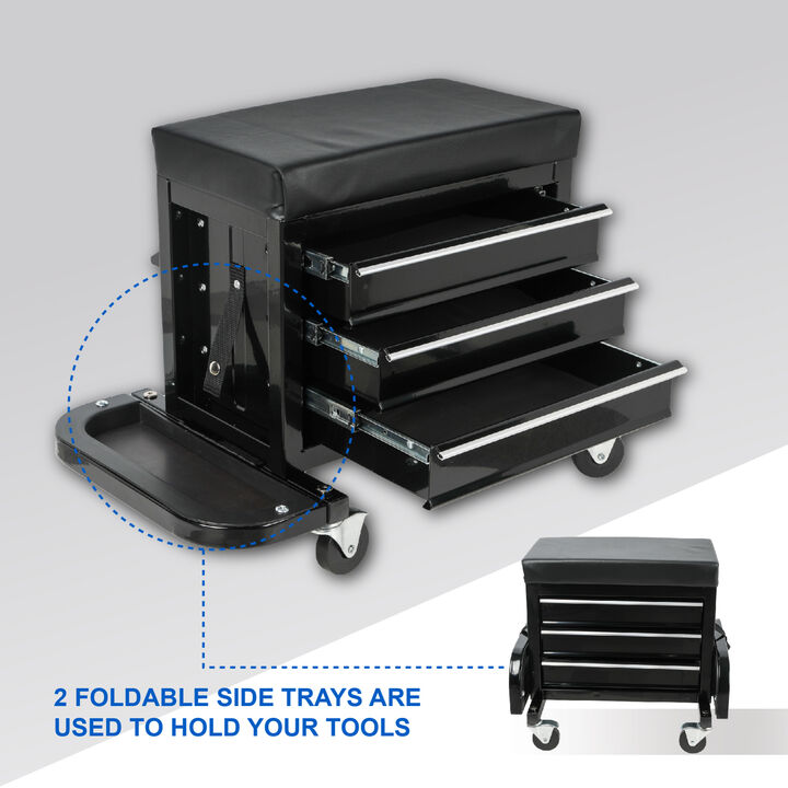 ELEMENT ACE 3-Drawer Rolling Mechanic Seat with Tool Trays, 350lbs Maximum Weight Capacity, Heavy-Duty Garage Work Stool with Swivel Casters and Ample Tool Storage