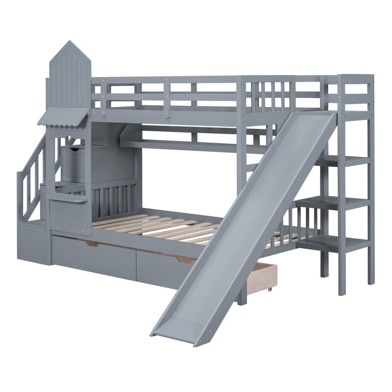 Twin Over Twin Castle Style Bunk Bed With 2 Drawers 3 Shelves And Slide Gray