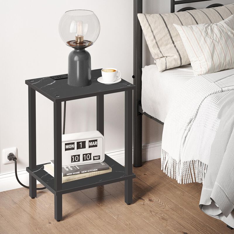 TUTOTAK End Table with Charging Station, Side Table with USB Ports and Outlets, Nightstand, 2-Tier Storage Shelf, Sofa Table for