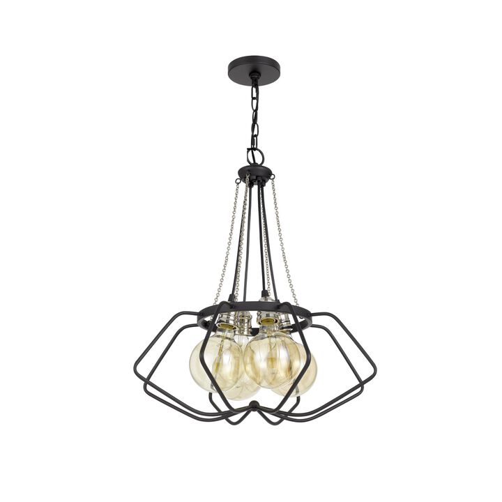 Lima 22 Inch Chandelier w 4 Light Bulbs, Black Metal Cage Design - Benzara