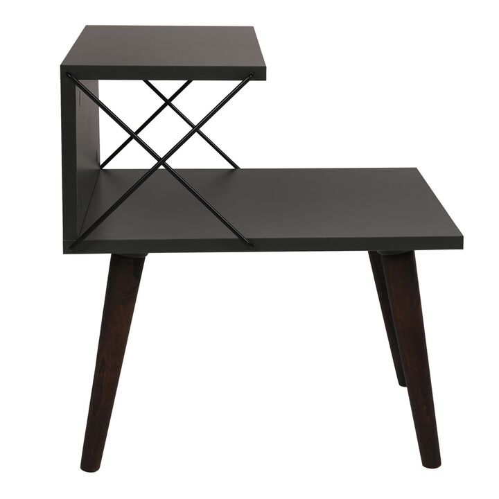 22 Inch Rectangular 2 Tier Wood  Nightstand Side Table, Crossed Metal Bar Frame, Angled Legs, Charcoal Gray, Brown-Benzara
