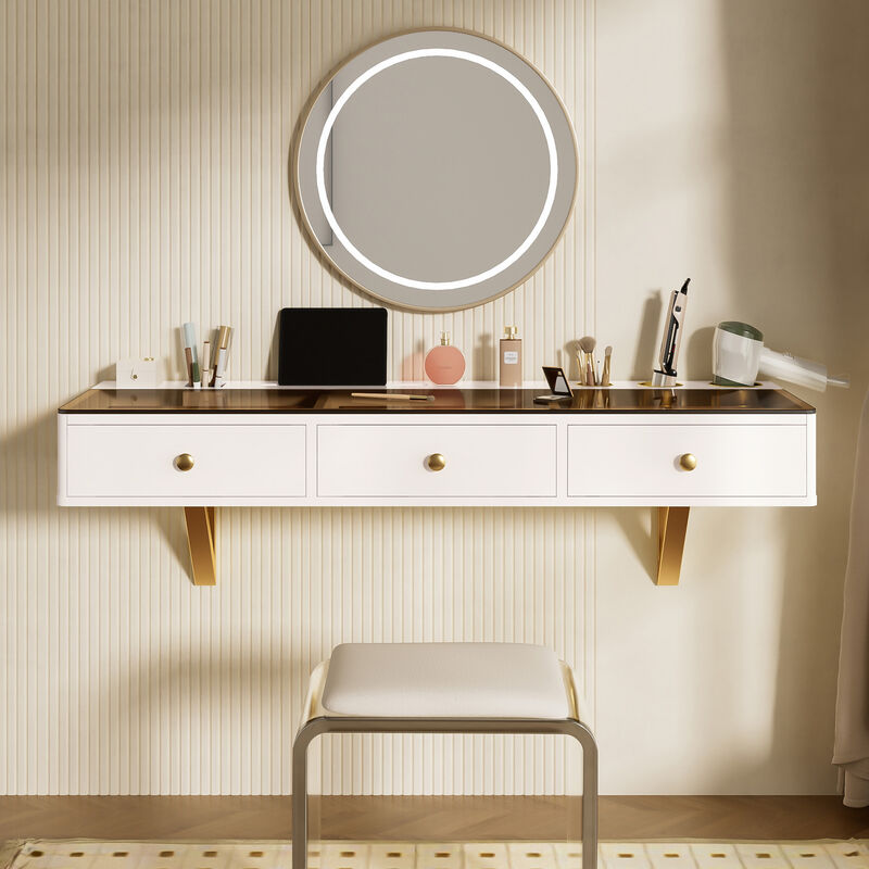 Whisen 47" Floating Shelf with 3 Drawers, Multi-Purpose Wall-Mounted Vanity Table, Mounted Desk