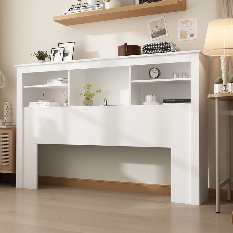 White Full Queen Wood Headboard Shelf with Socket Adapter USB Interface, Shelves and LED Lights