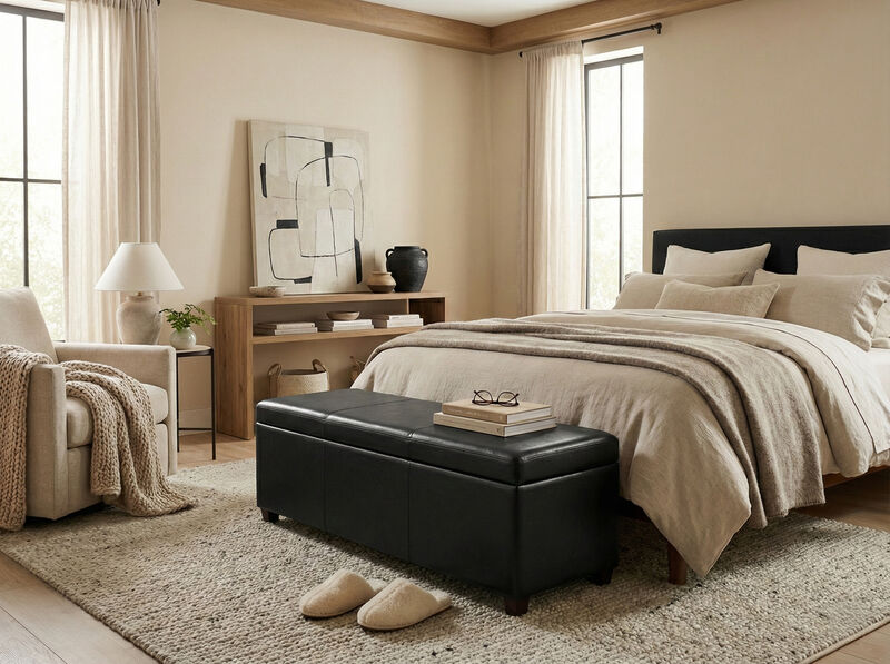 Avalon 54 inch Wide Contemporary Rectangle Extra Large Storage Ottoman Bench in Midnight Black Vegan Faux Leather, Assembled image number 2