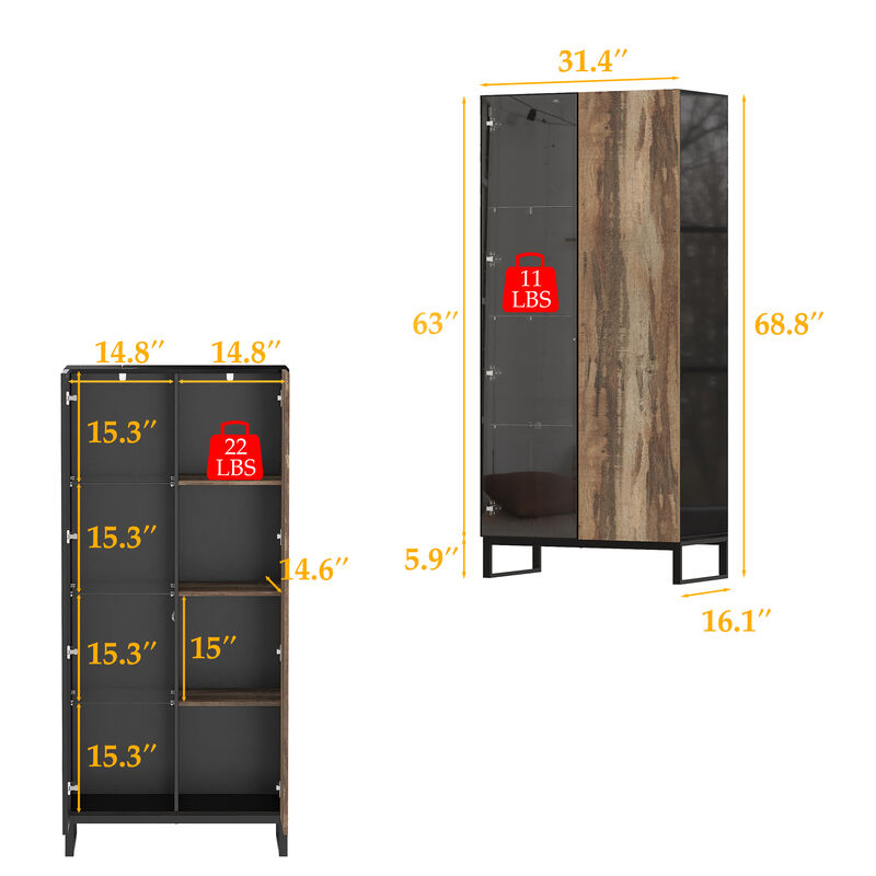 FUFU&GAGA Modern 2-Door Display Cabinet with Glass and Wood-Grain Front Metal Feet and Built-in Lighting 31.4"L x 16.1"W x 68.8"H Black