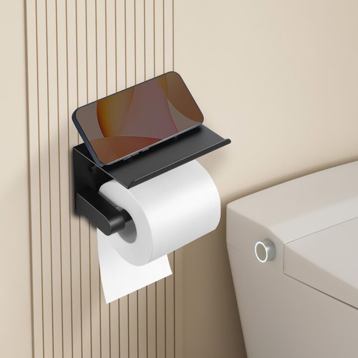 Wall Mounted Toilet Paper Holder with Storage Shelf, Fits Mega Rolls, Stainless Steel, Matte-Matte Black