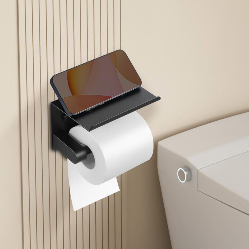Wall Mounted Toilet Paper Holder with Storage Shelf, Fits Mega Rolls, Stainless Steel, Matte-Matte Black image number 1