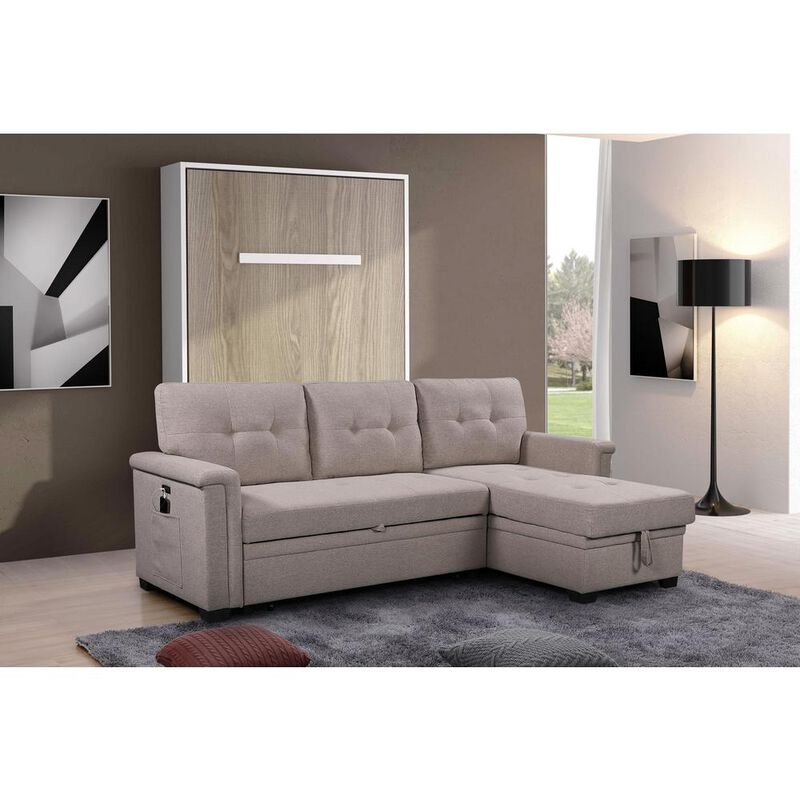 Lilola Home Ashlyn Light Gray Reversible Sleeper Sectional Sofa with Storage Chaise, USB Charging Ports and Pocket