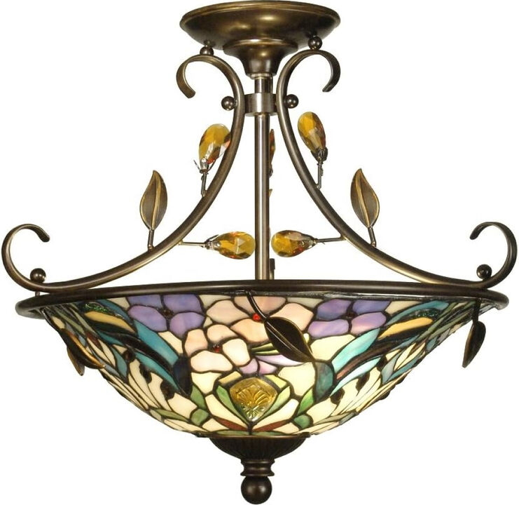 17" Antique Golden Sand Peony Crystal and Hand Crafted Glass Tiffany-Style Semi-Flush Mount Ceiling Light Fixture
