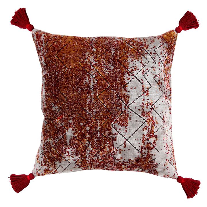 HomeRoots 18" Red And Silver Abstract Geometric Viscose Throw Pillow Cover with Tassels