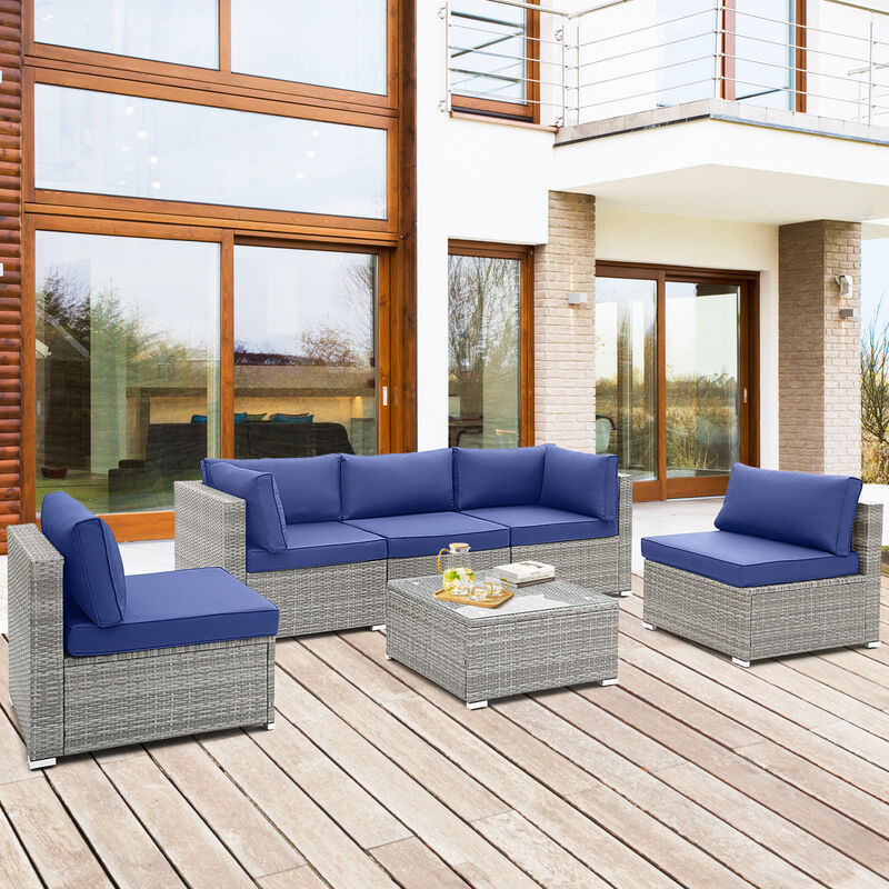 6 Piece Patio Conversation Sofa Set with Tempered Glass Coffee Table-Navy