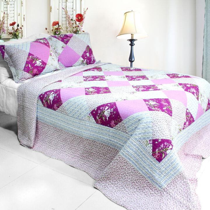 3PC Cotton Vermicelli-Quilted Printed Quilt Set Queen Size Soft Cozy Bedding Collection