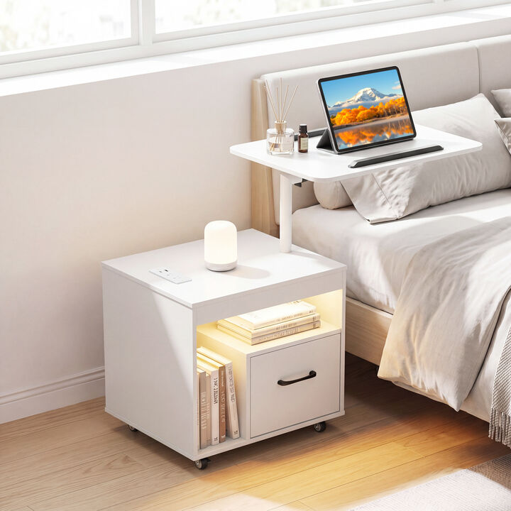 LED Nightstand with Power Outlets and Flip-Top Storage for Bedroom