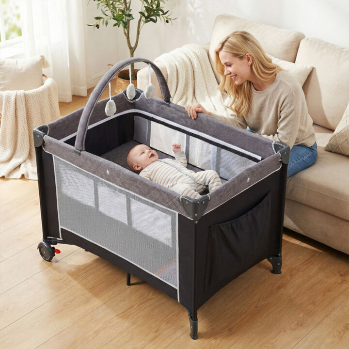 Portable 3-in-1 Baby Playpen Crib with Diaper Changing Table