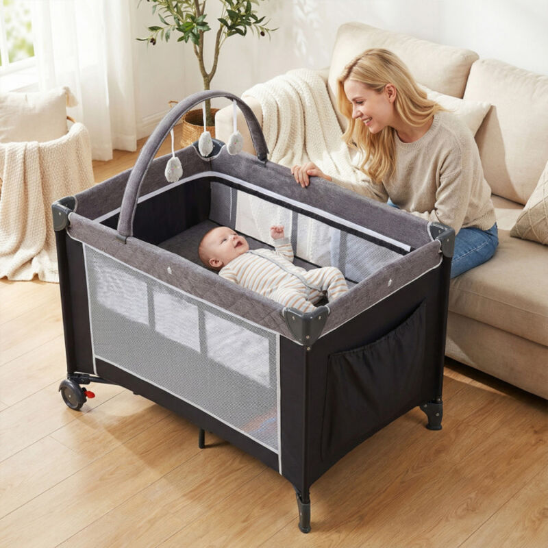 Portable 3-in-1 Baby Playpen Crib with Diaper Changing Table image number 1