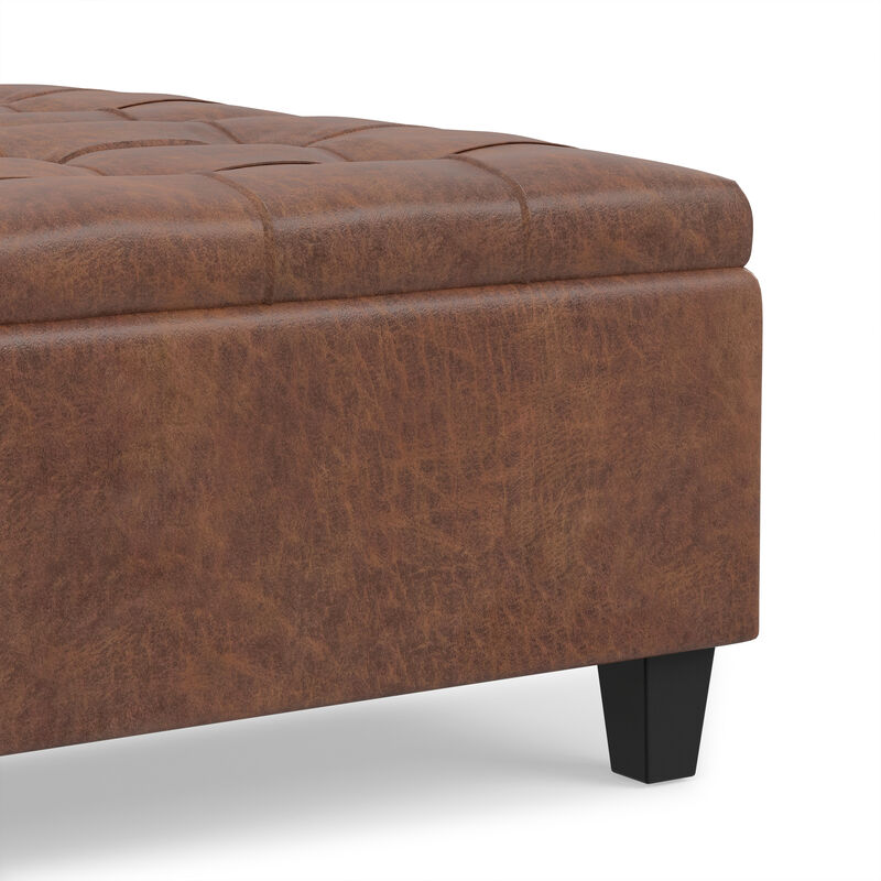 Harrison 36 inch Wide Transitional Square Coffee Table Storage Ottoman in Distressed Umber Brown Vegan Faux Leather, Assembled image number 7