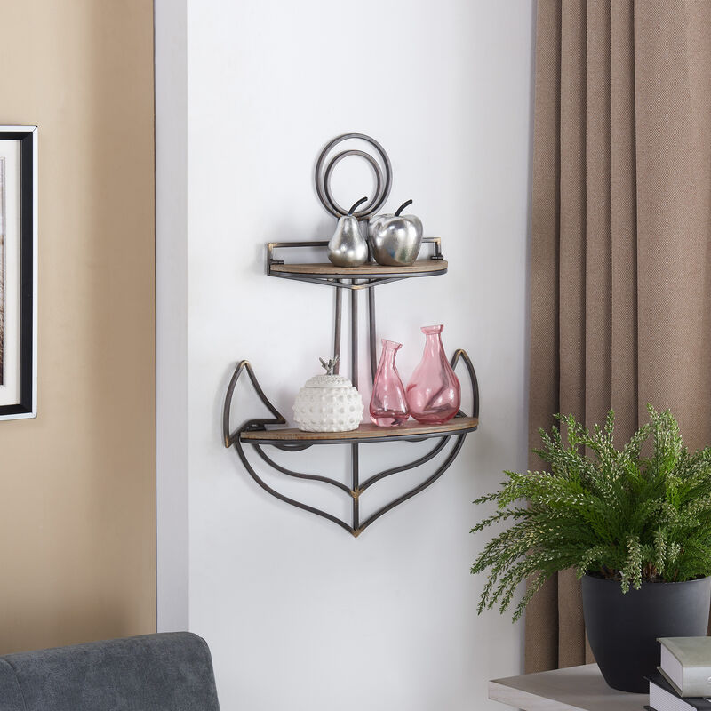 Nautical Themed Anchor Shaped 2-Tier Metal and Wood Wall Shelf