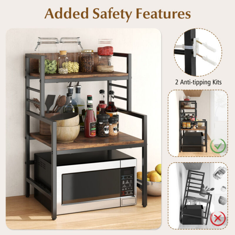 3-Tier Microwave Oven Stand with 2 Storage Shelves and Heavy-Duty Frame-Rustic Brown image number 6