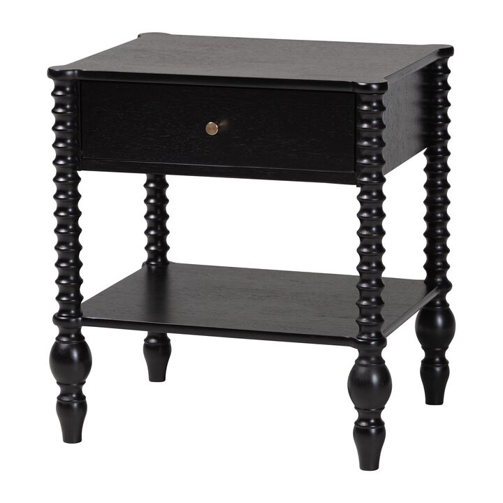 Baxton Studio Callison Spindle Nightstand - 1-Drawer Farmhouse Bedside Table with Open Shelf Storage and Turned Accents for Bedroom