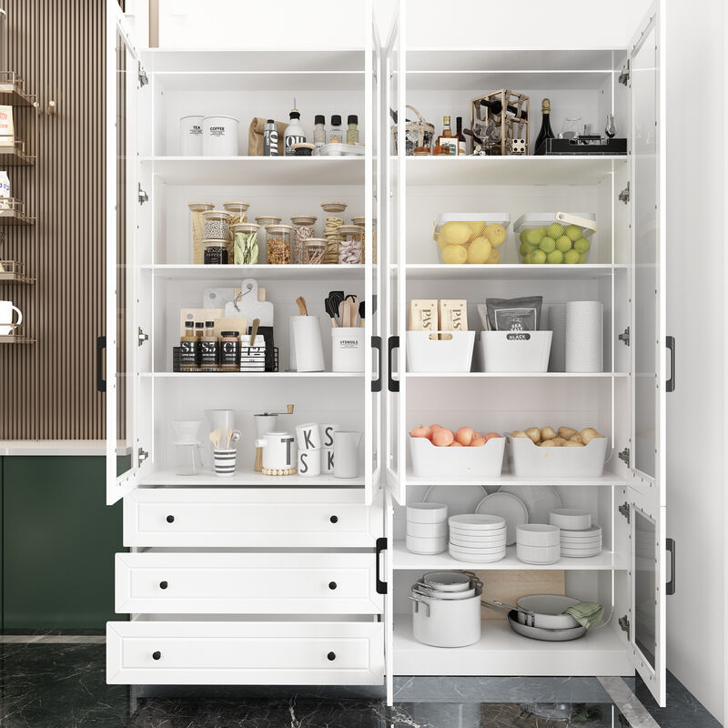 FUFU&GAGA Glass-Front Dining Cabinet with 3 Drawers and Adjustable Shelves,(63" W x 15.7" D x 78.7" H),White