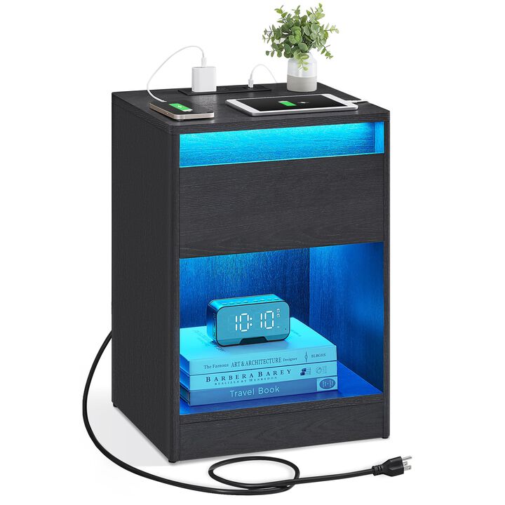 Nightstand with Charging Station and LED Light for Convenient Bedroom Essentials