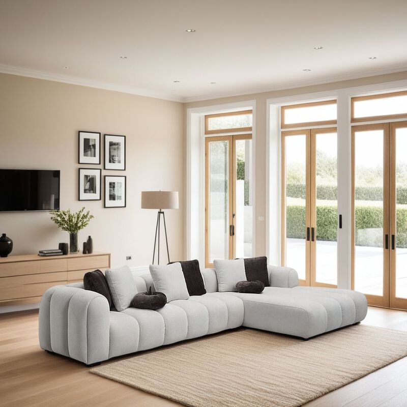 Nela Sectional Sofa, 8 Throw Pillows, Ivory White Linen, 145 Inch image number 1