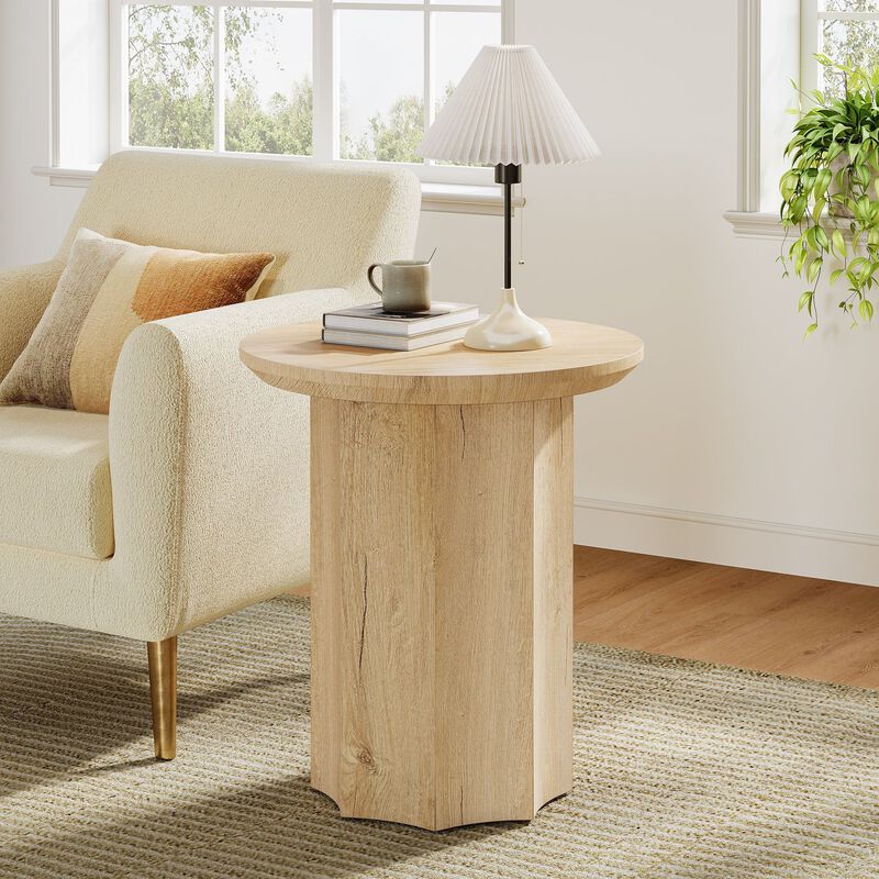 Wooden Round End Table, Pedestal Side Table with Octagonal Base-Light Brown image number 4