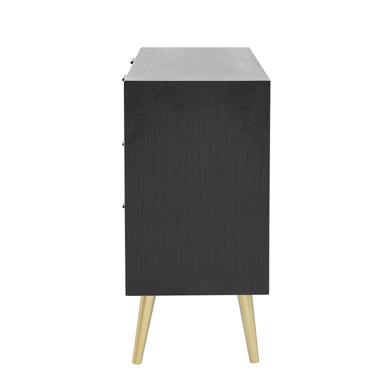 31 Inch Dresser Chest Cabinet, 3 Drawers, Woven Rattan, Modern, Black, Gold - Benzara