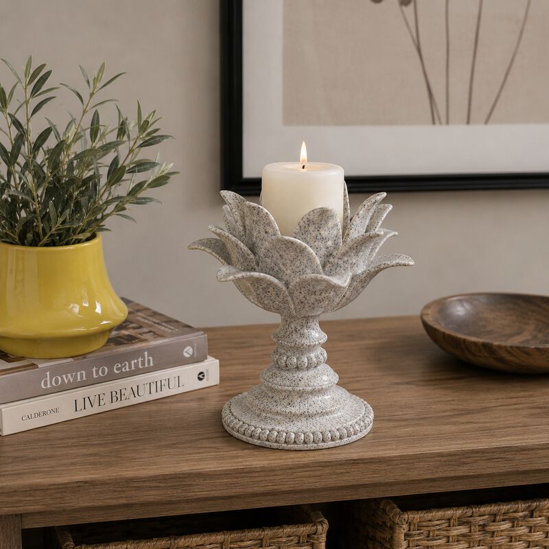 Tabletop D&eacute;cor Candle Holder, Lotus Leaf Sculptural, Speckled Gray, 10 Inch image number 1