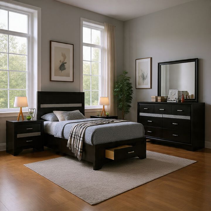 Vino 4pc Full Bedroom Set, Storage Footboard, Black, Glitter Stripes
