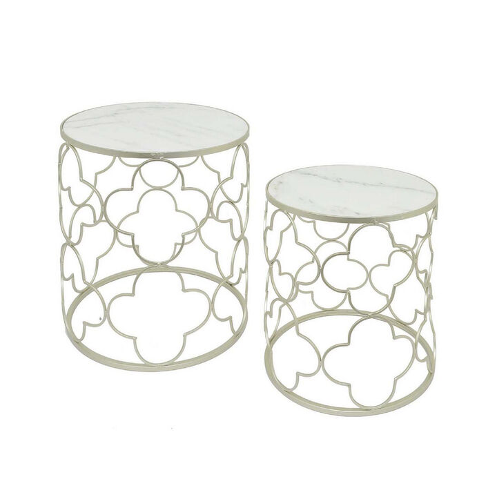 Poh 23 Inch Plant Stand Table Set of 2, Round Top, Metal, Marble, Silver  - Benzara