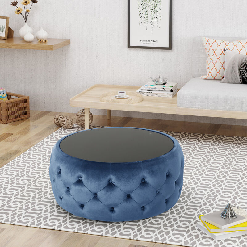 Streamdale Modern Glam Velvet Ottoman with Button-Tufted Stitch and Glass Top image number 2